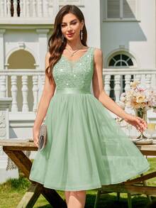 MIUSOL 深V领亮片蕾丝撞色网纱荷叶边下摆鸡尾酒礼服，夏季女装，闪亮正式礼服，适合生日派对、毕业典礼、晚宴及其他场合，如婚礼 - 薄荷綠 - 查看 2