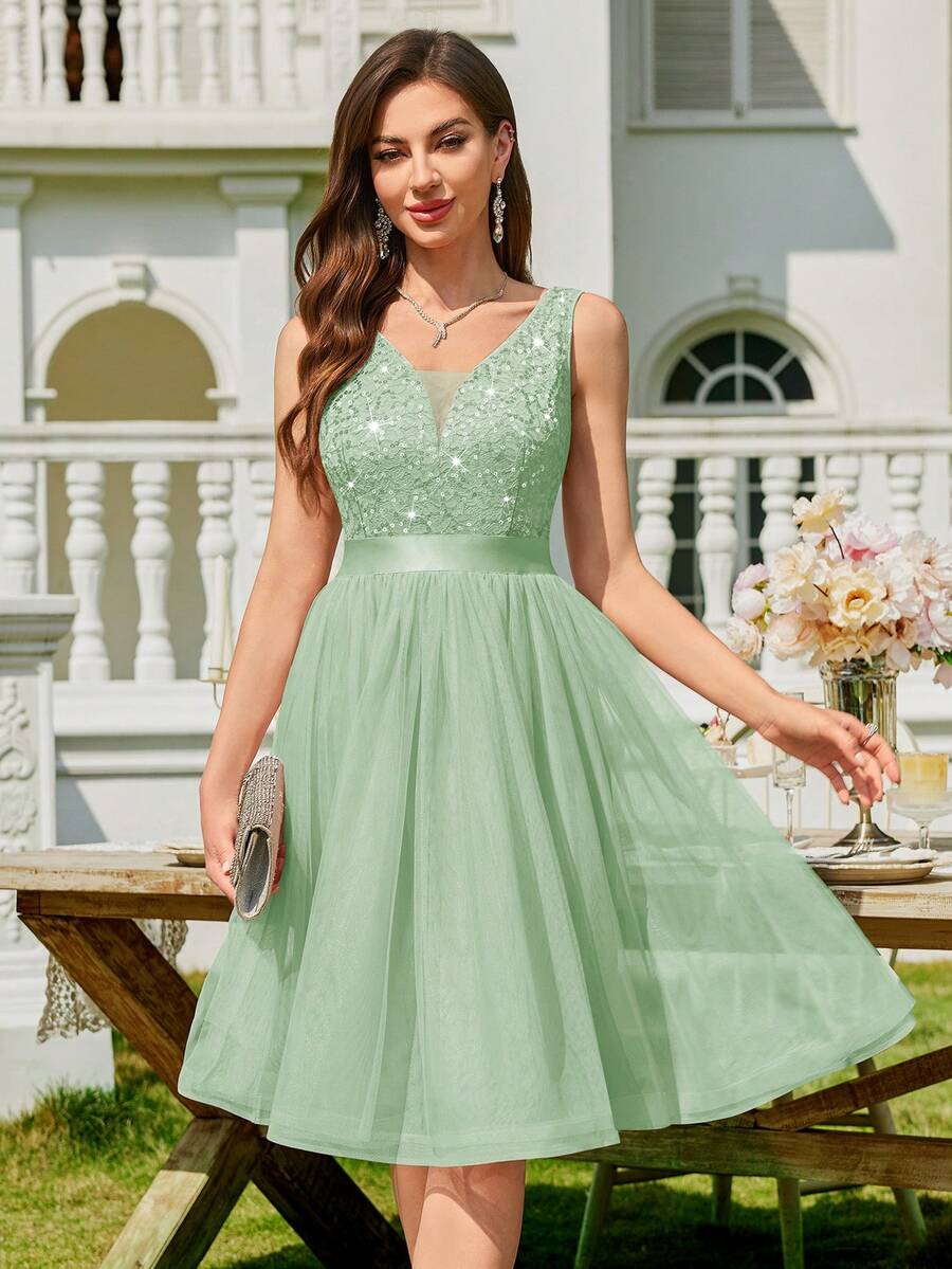 MIUSOL 深V领亮片蕾丝撞色网纱荷叶边下摆鸡尾酒礼服，夏季女装，闪亮正式礼服，适合生日派对、毕业典礼、晚宴及其他场合，如婚礼