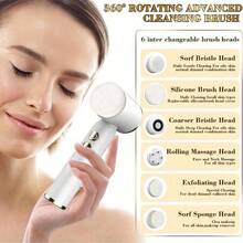 STUKUNI 6-in-1 elektrische Gesichtsreinigungsbürste, aufladbare rotierende Gesichtspeeling-Bürste mit 6 Bürstenköpfen, 3 Geschwindigkeitsstufen, geeignet für fettige, trockene und empfindliche Haut für Frauen und Männer, für tiefe Reinigung