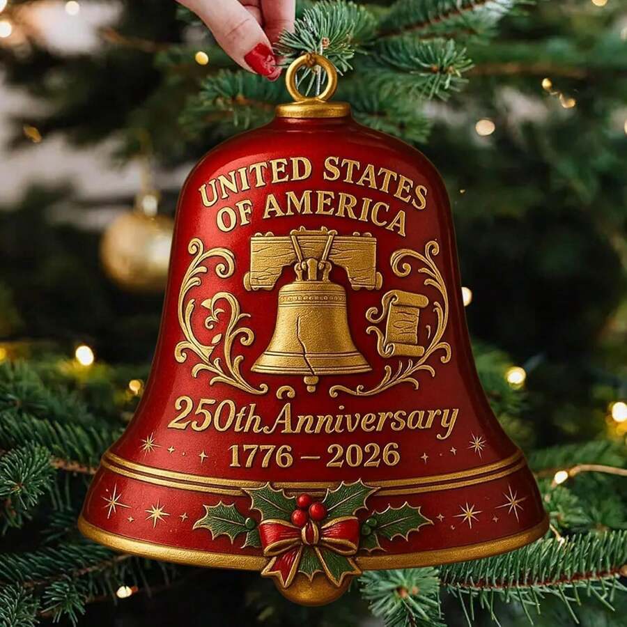 USA 250th Anniversary Bell Ornament 3D Red & Gold Commemorative Hanging Decor Elegant Doorbell For Patriotic Decor Tree Enamel Crafted Detailing 250th Anniversary USA Patriotic Ornaments - 紅色 - 查看 1