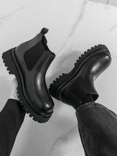 2025秋冬新款男士高帮切尔西靴，黑色厚底高跟牛仔靴，一脚蹬踝靴，纯黑色中帮夏季男鞋，英伦风男士靴，透气男靴，一脚蹬款式，奢华西装切尔西高帮机车靴，新款百搭鞋，英伦风摄影棚设计师皮鞋，男士商务正装靴，大头皮鞋，婚纱短靴，舒适时尚工装靴