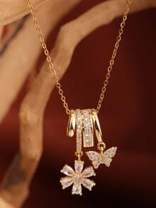 1件不锈钢极光星形珍珠太阳项链，18K金镶嵌小巧水晶，梦幻闪耀星形吊坠，适合作为礼物送给妻子、女性朋友或婚礼佩戴 - 金色 - 查看 2