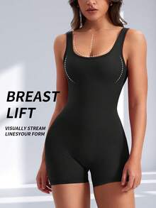 Yoga Basic Solid Sports Romper, Jumpsut de los deportes de la manera de Color sólido, Bodysuit alto elástico del Yoga, las mujeres del entrenamiento Flare Jumpsuits, gimnasio trasero trasero Sexy Bodycon Scrunch Butt Yoga Rompers V Back - Negro - Ver 2