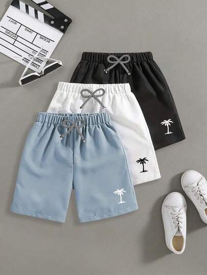 Conjunto de 3 shorts casuales impresos con árboles de coco para niño preadolescente en vacaciones