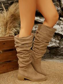 Khaki Tall Boots, Western Style Women's Pleated Over-The-Knee Boots With Buckle Strap Design, Suede Fabric, Comfortable Chunky Heel, Elegant & Versatile, Autumn/Winter - Khaki - View 5