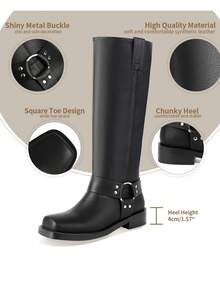 Women's Knee High Boots Slip On Riding Boots Squared Toe Buckle Boots For Women Chunky Heel Tall Motorcycle Boots Women's Low Heel Boots - màu đen - Xem 5