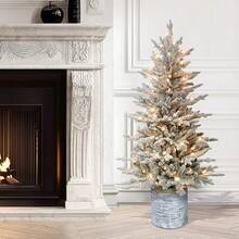 Puleo International 4.5ft Pre-Lit Potted Flocked Arctic Fir Tree With 70 Lights, 419 Realistic Dense Branch Tips, Easy Setup Artificial Trees With Sturdy Metal Stand - Cây thông Bắc Cực 4,5' có 70 đèn trong suốt - Xem 2