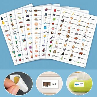 Lachilly 352 palabras Pegatinas de vocabulario para niños, pegatinas ilustradas a todo color para frutas, verduras y objetos cotidianos, herramienta educativa para el reconocimiento de palabras en inglés y el aprendizaje temprano