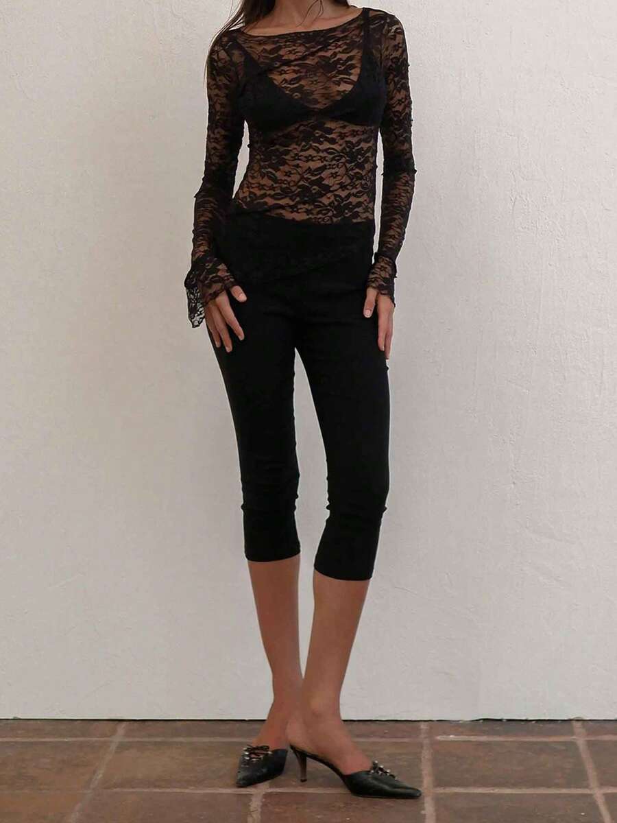 Women Sheer Lace Tops Slim Flower See Through Boat Neck Long Flare Sleeve Shirts  Streertwear - 黑色 - 查看 1