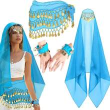 4 件套肚皮舞套装肚皮舞雪纺臀巾、头巾腕带舞蹈配饰带金币 - 彩色 - 查看 7