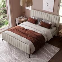 Upholstered Double Bed 140 X 200 Cm, Bed Frame With Slatted Base And Adjustable Headboard, Upholstered Bed In Grey-Beige, Bed Frame Youth Bed For Bedroom Guest Room Linen Material - Beige - View 1