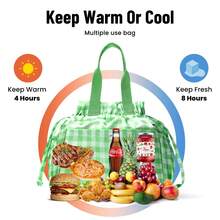 Lunch Bag For Women – Reusable Drawstring Insulated Lunch Box, Stain-Resistant & Water-Repellent Thermal Tote With Multi-Pocket Storage For Drinks, Snacks & Utensils, Easy-To-Clean EVA Lining, Premium Oxford Fabric & EPE Insulation, Spacious & Practical For Office, Work, Picnic, Travel & Camping, Ideal Christmas Gift For Friends, Family & Colleagues - 綠色網格 - 查看 4