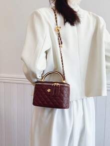 黑色休闲多功能手提小方包，时尚刺绣格纹面料，适合办公、收纳手机、口红、零钱、购物、作为钱包使用，适合年轻女性、大学生、新手、白领人士。是办公室、大学、工作、商务、通勤、户外活动、旅行和短途旅行的理想之选。 - 酒紅色 - 查看 6