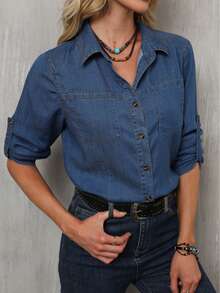 Women Fashion Casual Elegant Denim Button Down Long Sleeve Shirt With Shirt Collar - 藏蓝色 - 查看 4