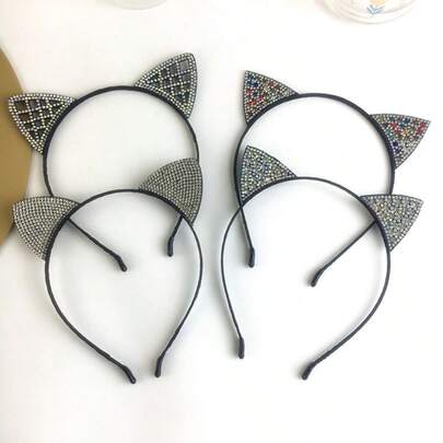 4pcs Adjustable Plastic + Rhinestone Cat Ear Headbands, Sparkling Crystals Decor, Cute Kawaii Style, Black Base, Suitable For Party, Daily Wear