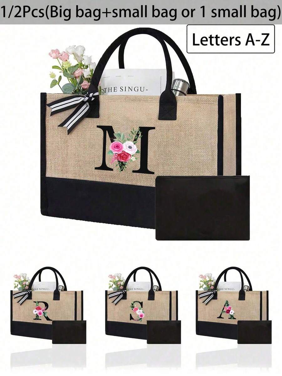 Juego de bolsas de lona con iniciales florales negras de la A a la Z, incluye bolsa de almacenamiento de maquillaje, bolsa de regalo personalizada, adecuada para boda, cumpleaños, playa, vacaciones, escuela, es un gran regalo para mujeres, mamá, maestros, amigos, damas de honor, estudiantes, bolsa grande, artículos de primera necesidad, regalos perfectos para vacaciones, cumpleaños, Acción de Gracias, Pascua, Navidad