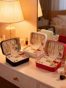 1个旅行首饰盒，女士礼物，迷你首饰收纳盒带镜子，项链耳环架，粉色旅行必备，妇女节礼物，适合度假海滩、浴室、卧室收纳，大容量 - 彩色 - 查看 8