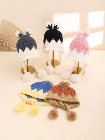 1 Stück Damen Farbblock 3D Ohr Design offener Rücken warme gestrickte Beanie Mütze, süß & niedlich für Lässig, Alltag, Ausflüge im Herbst/Winter