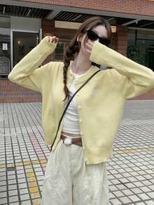 Autumn Loose Embroidered Round Neck Button Knit Cardigan Sweater - Yellow - View 3