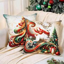 4 sztuki świątecznych, kolorowych poszewek na poduszki z motywem choinki, Świętego Mikołaja, bałwana i renifera, z nadrukiem, miękkie i wygodne, wykonane z poliestru, 45 x 45 cm (17,72 x 17,72 cala), zapięcie na zamek błyskawiczny, nadające się do prania w pralce, odpowiednie do wystroju domu, salonu, sypialni, werandy, ogrodu, na kemping, do dekoracji na zimowe święta (same poszewki na poduszki – wkładka nie jest dołączona)