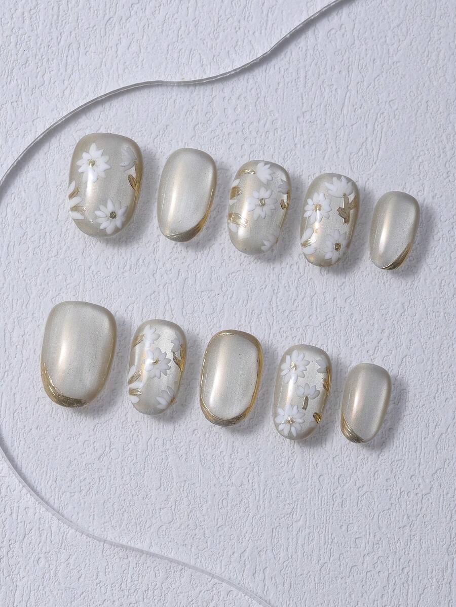 10片/套 手工制作短椭圆形美甲贴纸，饰以Y2K金线和菊花图案，用于美甲装饰，包含1瓶凝胶和1个指甲锉，适合日常佩戴、音乐节、派对、美甲贴纸和美甲护理。 - 金色 - 查看 1