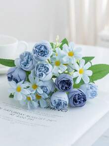 1/80 piezas Flores artificiales de peonía, rosas de té de seda, crisantemos de plástico, ramos de plantas falsas para decoración de boda, día de San Valentín, decoración del hogar, comedor, dormitorio, florero, fiesta de cumpleaños, decoración de Año Nuevo, accesorios de decoración de flores para la muñeca de la novia, decoración del coche de boda, decoración del arco del dintel - Azul - Ver 6