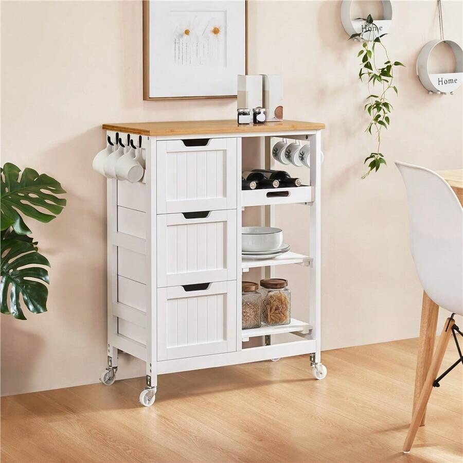Butterslay 1PC 3-Tier Rolling Kitchen Cart With Drawers, Shelves, And Hooks For Dining Room - White - View 1
