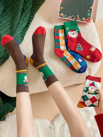 4 Pairs Christmas Socks, Cute Cartoon Couple Mid-Calf Socks, Ins European And American Santa Claus Striped Plaid Socks, Autumn/Winter