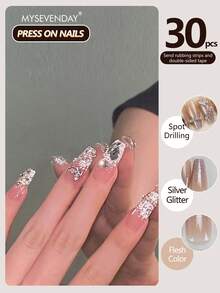 30 Pieces Press On Nails Ballet Shape/ Long Metal Butterfly With Sparkling Crystal Decoration For Nail Art/Perfectly Fitting Acrylic Fake Nail Set, Including 1 Jelly Glue And 1 Nail File, Suitable For Women's Daily Work, Study, And Gatherings In Autumn And Winter Nail Products Suitable For Gatherings, Festivals , And Daily Use - Multicolor - View 1