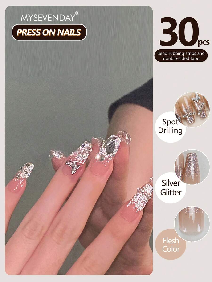 30 Pieces Press On Nails Ballet Shape/ Long Metal Butterfly With Sparkling Crystal Decoration For Nail Art/Perfectly Fitting Acrylic Fake Nail Set, Including 1 Jelly Glue And 1 Nail File, Suitable For Women's Daily Work, Study, And Gatherings In Autumn And Winter Nail Products Suitable For Gatherings, Festivals , And Daily Use - Multicolor - View 1