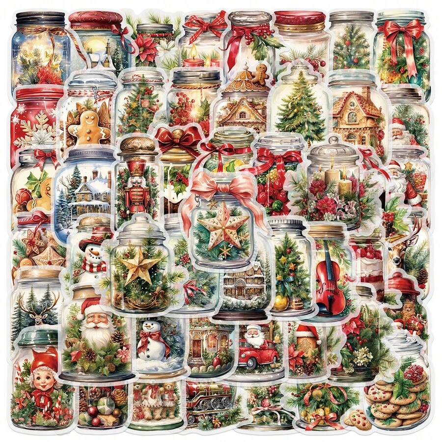 50 piezas Pegatinas de PET para frascos y botellas navideñas - Adhesivos mate con patrones navideños, aptos para patinetas, guitarras, equipaje, cuadernos y portátiles - Decoraciones DIY coloridas, pegatinas navideñas