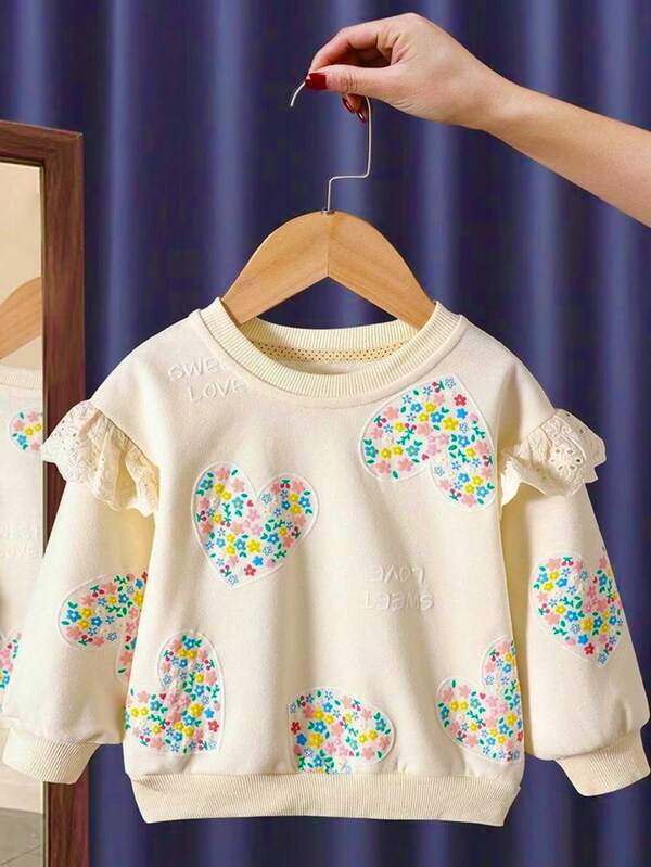 M.Dian xi Blusão de Moletom Feminino com Estampa de Coração e Floral Delicado, Parte Superior Casual de Primavera e Outono, Novidade de 2024