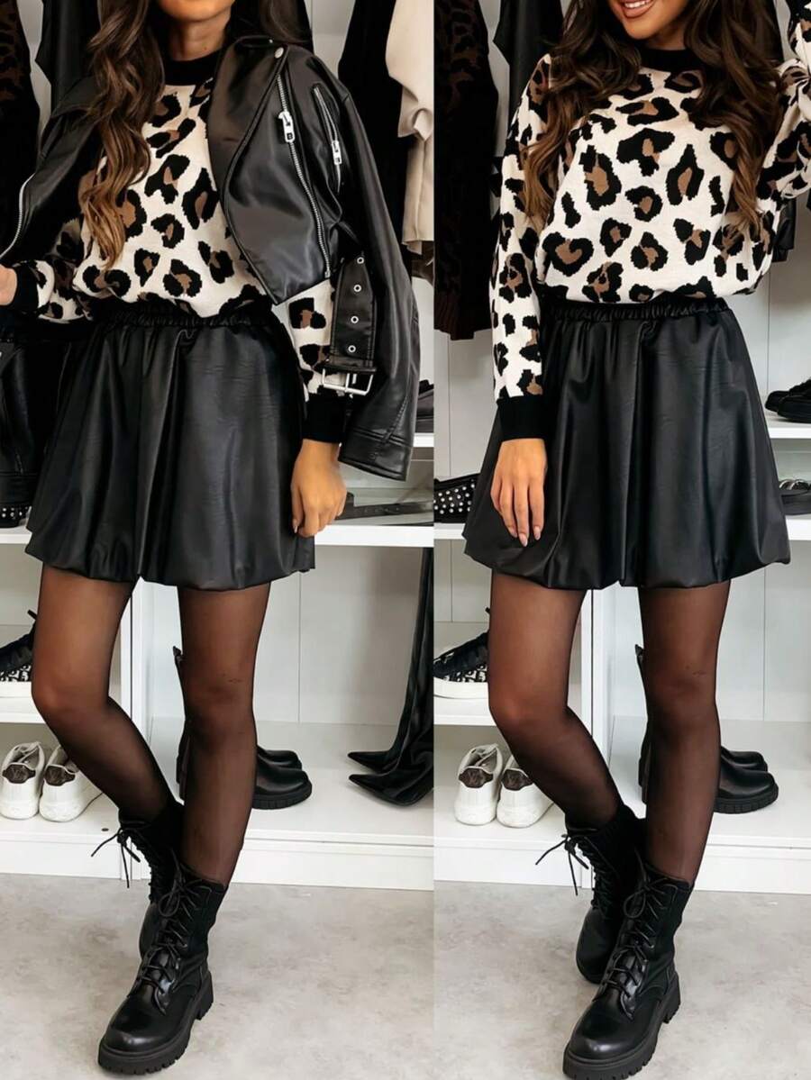 Chân váy da trơn màu dành cho nữ, chân váy dự tiệc, biểu diễn sân khấu màu đen, thích hợp cho kỳ nghỉ xuân. - màu đen - Xem 1