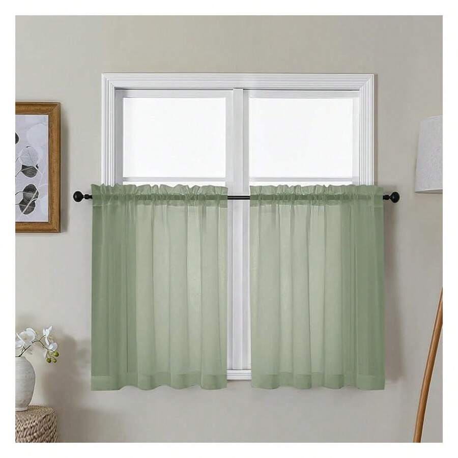 Cortinas transparentes verdes de 30 pulgadas de largo, cortinas cortas de voile filtradoras de luz para cafetería o cocina con bolsillo para barra, cortinas cortas para ventana de baño, 42x30 pulgadas, 2 piezas - Multicolor 150 - Ver 1