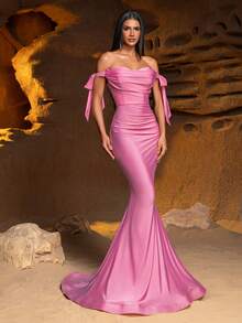 女士露肩蝴蝶结美人鱼晚礼服，采用弹力轻盈面料制成 - 春夏正式派对礼服 - 粉色 - 查看 7