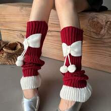 A Pair Of Fashionable And Exquisite Knitted Bowknot Autumn And Winter Leg Warmers For Women With Cute Pom-Poms - Nơ trắng + hồng - Xem 4