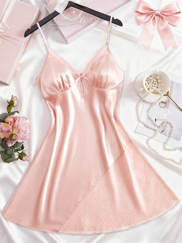 New Women's Sexy Lingerie, Adjustable Thin Straps, V-Neck Backless Dress, Teardrop Cutout Mesh Panel With Bow Detail On Chest Women's Loose And Comfortable Nightgown