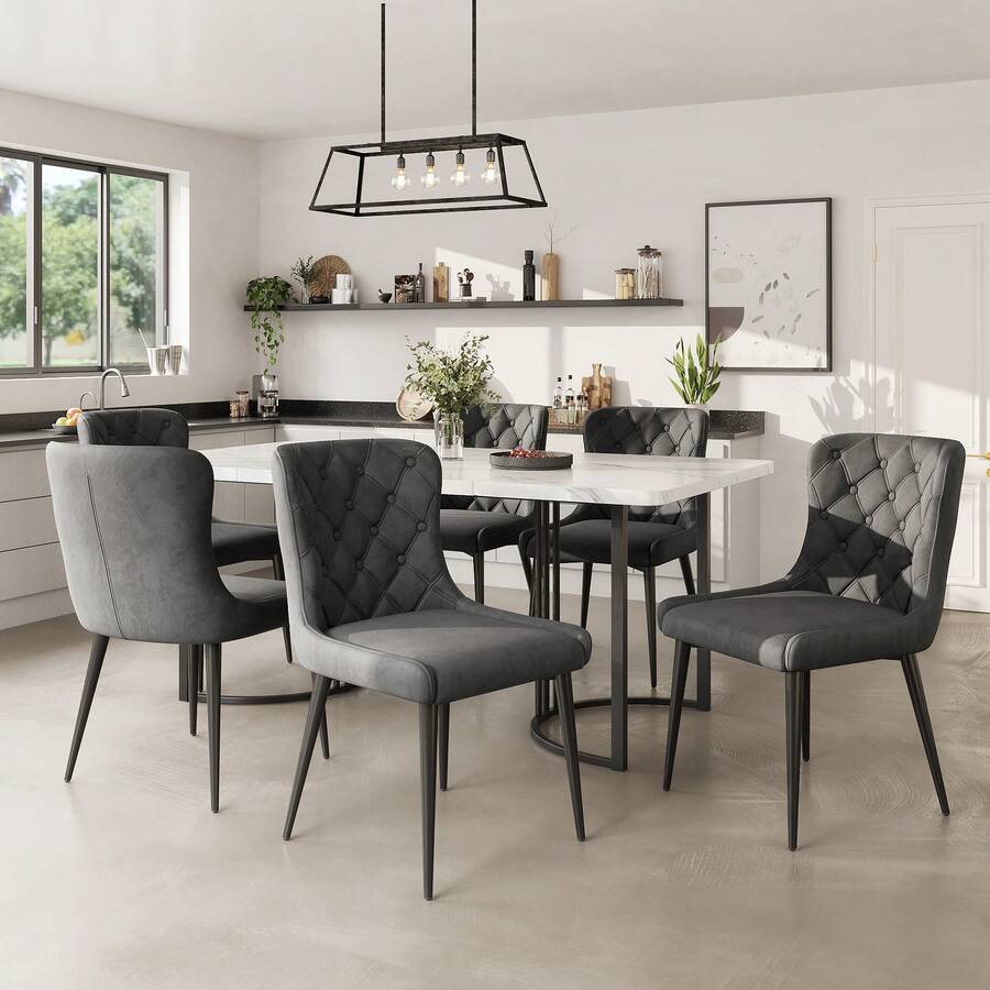 Dining Room Set (7 Pieces), 140x80 Cm Dining Table With 6 Chairs, Modern Kitchen Table Set, Black Iron Chair Legs (Dark Grey Dining Chair) - Multicolor + MDF + Seats 6 - View 1