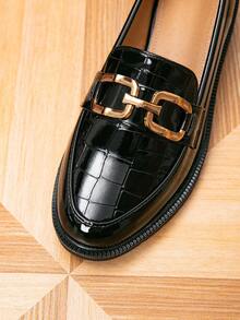 Mocasines de mujer, zapatos planos con hebilla de metal de punta redonda, zapatos planos retro para mujer para exteriores, zapatos negros, zapatos casuales - Negro - Ver 7