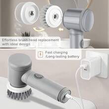 Cepillo Electrico  para Baño Limpieza, Inalámbrico con 5 Cabezas de Cepillo Reemplazables - Ceniza - Ver 6