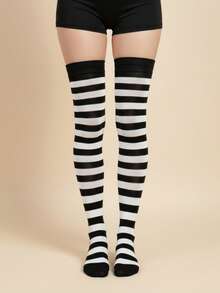Calcetas largas de rayas diseño divertido para dama, medias por encima de la rodilla - Blanco y Negro - Ver 2