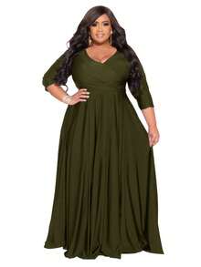 Vestido elegante de primavera de unicolor con cuello en V y cintura ceñida para mujer de talla grande - Verde militar - Ver 4