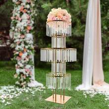 43.3in Tall Wedding Gold Crystal Flower Stand, Square Pedestal Stand, Crystal Flower Rack, Silver Vases Centerpieces Crystal Flower Stand With Hanging Crystals, 5-Tier Square Chandelier Pedestal Stand For Wedding Road Lead T Stage Flower Arrangement Decoration - 金色 - 查看 3