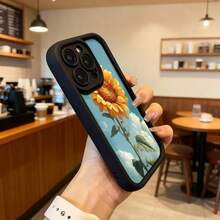 Cubierta de teléfono con borde negro diseño de girasol sobre cielo azul con nubes para uso diario en cafeterías y exteriores Aplicable a los teléfonos de la serie Apple y Galaxy - Café integral - Ver 6