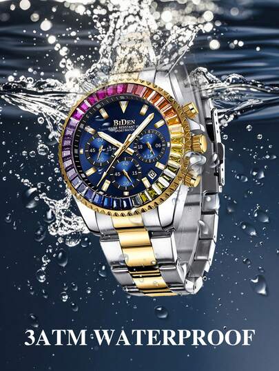 BIDEN Sports Watch, Chronograph, Waterproof Date Simulation Quartz Business Watch,Stainless Steel Strap Klok Comes view 5