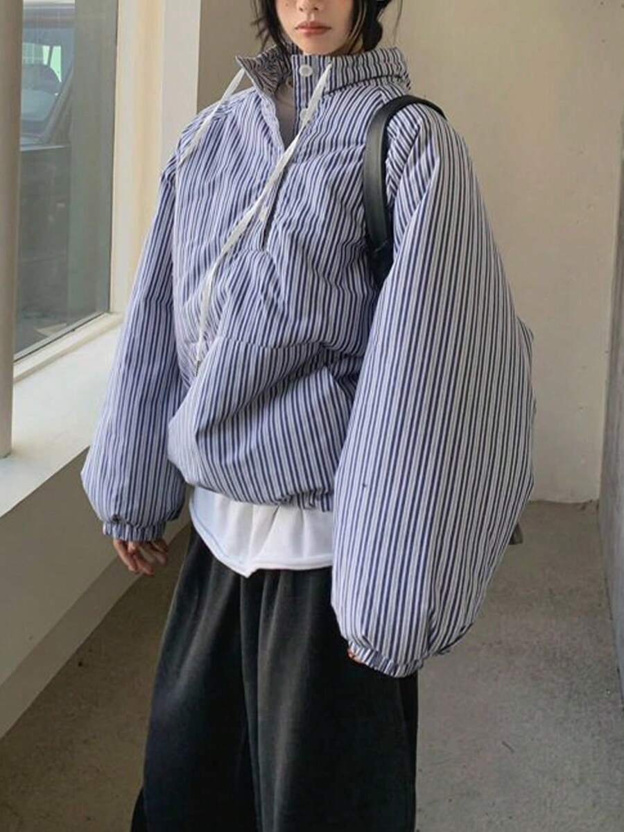 Women's Striped Stand Collar Drawstring Padded Baseball Jacket, Loose Padded Coat For Autumn/Winter - Blue and White - View 1