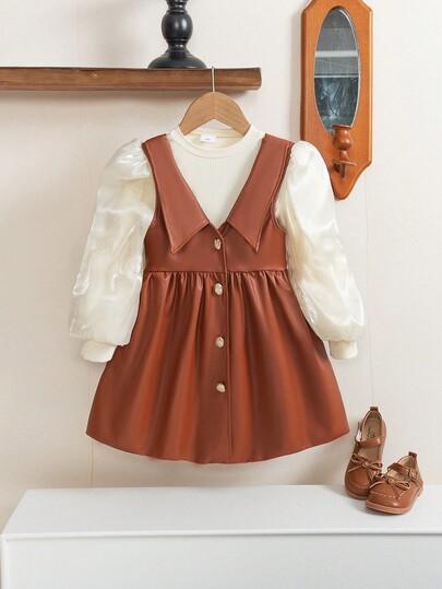 2pcs/Set Girls Lantern Sleeve Knitted Ribbed Top In Beige, Paired With Red-Brown Leather Collar Dress With Bow Decor, Fashion Outfit For Autumn/Winter