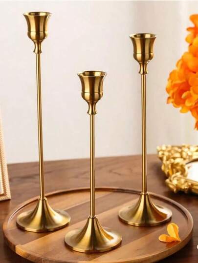 3 piezas o 1 pieza Candelabros en forma de cono de latón y hierro, candelabros de metal dorado/negro vintage modernos, adecuados para la repisa de la chimenea y la decoración central de bodas, elegante decoración de mesa de comedor, ideal para comidas, San Valentín, fiestas, días festivos, regalos de inauguración de la casa, también excelente para cumpleaños, graduación, aniversario, decoración del hogar y del hotel, hechos de aluminio y metal, velas no incluidas
