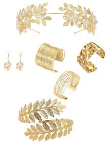 5Pcs/7Pcs Greek Goddess Style Clothing And Accessories Set, Including Leaf Shaped Crown, Headband, Earrings,Bracelet, Earrings, Bridal Headpiece Suitable For Ladies To Wear At Parties, Weddings, Engagements