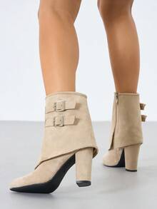 Botas de cano curto com salto grosso, modelo slip-on, em patchwork, cor sólida, confortáveis, para o trabalho ou deslocamento, coleção outono/inverno 2025. Estilo western, perfeitas para usar com calças. - Damasco - Ver 5
